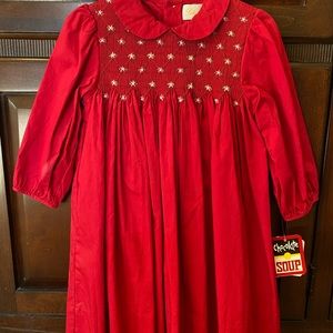 24 Month Petit Ami Smocked Red Dress Long Sleeve Pearl Flower Detail On Smock